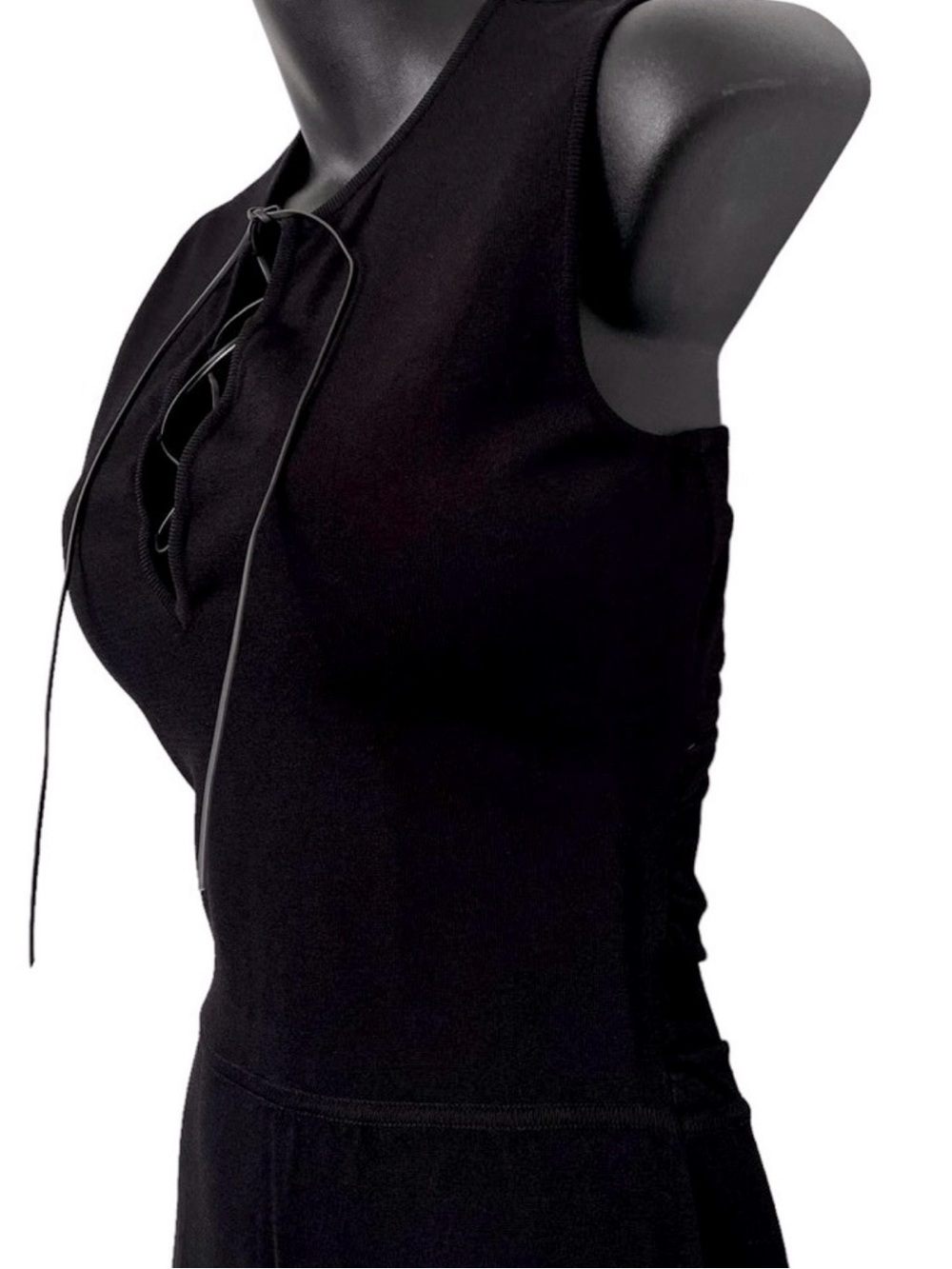 Vintage Gucci Black Sheath Dress Leather Lace-Up Neck Ruched Designer Dress Med - Picture 5 of 12